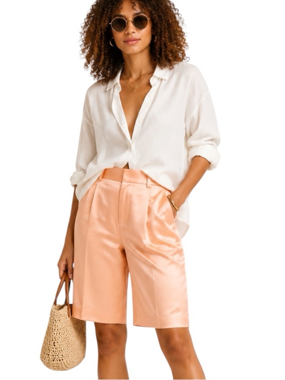 NWT Alice + Olivia Eric High Waist Satin Bermuda Shorts Coral Size 2